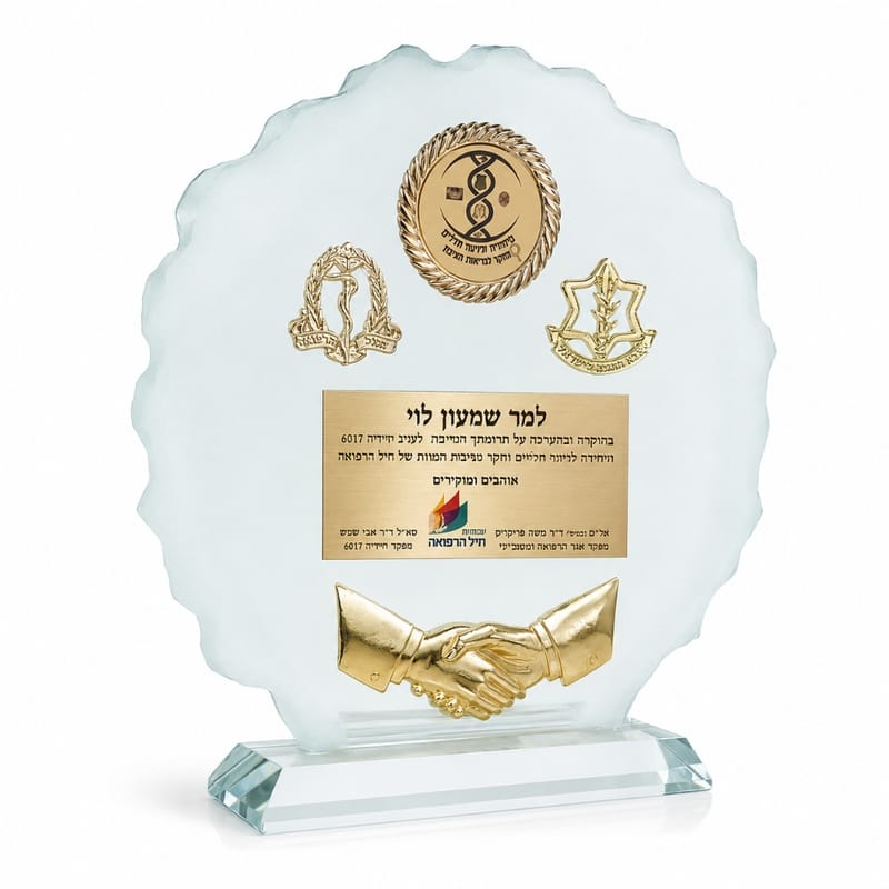 מגן זכוכית ייצוגי עם סמלים ויד לוחצת יד 