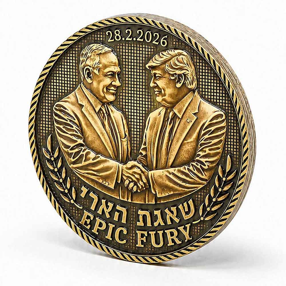 מדלית בעיצוב לחיצת היד המפורסמת בין ביבי לטראמפ