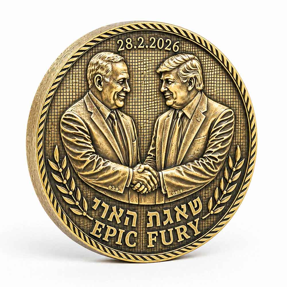 מדלית בעיצוב לחיצת היד המפורסמת בין ביבי לטראמפ