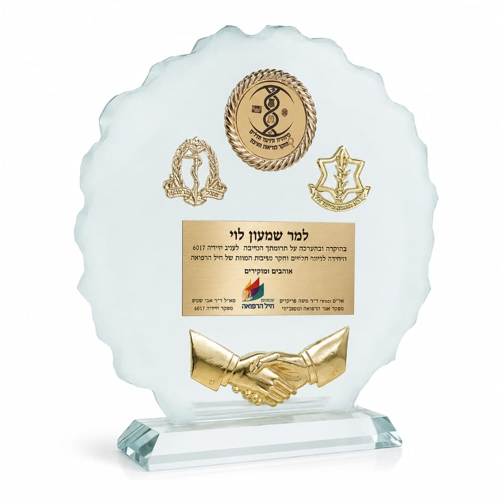 מגן זכוכית ייצוגי עם סמלים ויד לוחצת יד
