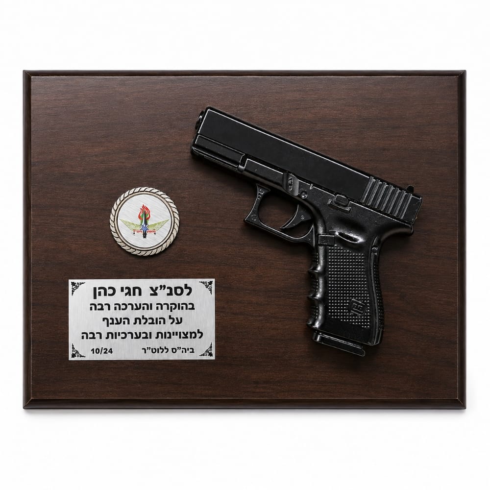 אקדח גלוק על מגן עץ מהודר לתלייה