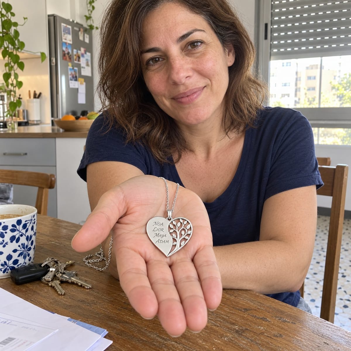 תליון לב עץ החיים עם שמות על כף היד